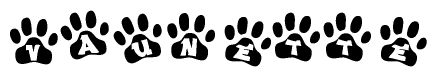 The image shows a series of animal paw prints arranged in a horizontal line. Each paw print contains a letter, and together they spell out the word Vaunette.