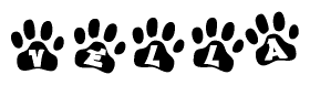 The image shows a series of animal paw prints arranged in a horizontal line. Each paw print contains a letter, and together they spell out the word Vella.