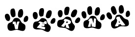 The image shows a series of animal paw prints arranged horizontally. Within each paw print, there's a letter; together they spell Verna