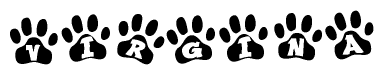 The image shows a series of animal paw prints arranged in a horizontal line. Each paw print contains a letter, and together they spell out the word Virgina.