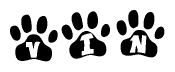 The image shows a row of animal paw prints, each containing a letter. The letters spell out the word Vin within the paw prints.