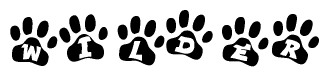 The image shows a series of animal paw prints arranged horizontally. Within each paw print, there's a letter; together they spell Wilder