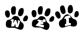 The image shows a series of animal paw prints arranged in a horizontal line. Each paw print contains a letter, and together they spell out the word Wei.