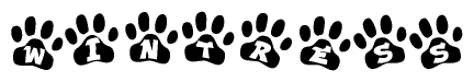 The image shows a row of animal paw prints, each containing a letter. The letters spell out the word Wintress within the paw prints.