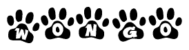 The image shows a series of animal paw prints arranged in a horizontal line. Each paw print contains a letter, and together they spell out the word Wongo.