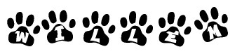 The image shows a series of animal paw prints arranged in a horizontal line. Each paw print contains a letter, and together they spell out the word Willem.