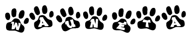 The image shows a series of animal paw prints arranged in a horizontal line. Each paw print contains a letter, and together they spell out the word Wauneta.