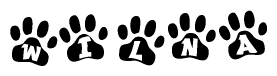 The image shows a series of animal paw prints arranged in a horizontal line. Each paw print contains a letter, and together they spell out the word Wilna.