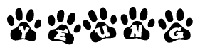 The image shows a series of animal paw prints arranged horizontally. Within each paw print, there's a letter; together they spell Yeung