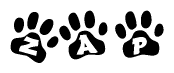 The image shows a row of animal paw prints, each containing a letter. The letters spell out the word Zap within the paw prints.