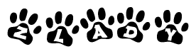 The image shows a series of animal paw prints arranged in a horizontal line. Each paw print contains a letter, and together they spell out the word Zlady.