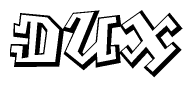 The image is a stylized representation of the letters Dux designed to mimic the look of graffiti text. The letters are bold and have a three-dimensional appearance, with emphasis on angles and shadowing effects.
