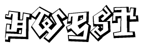 The image is a stylized representation of the letters Hwest designed to mimic the look of graffiti text. The letters are bold and have a three-dimensional appearance, with emphasis on angles and shadowing effects.