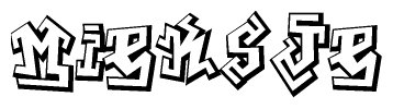 The clipart image depicts the word Mieksje in a style reminiscent of graffiti. The letters are drawn in a bold, block-like script with sharp angles and a three-dimensional appearance.