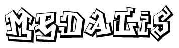 The image is a stylized representation of the letters Medalis designed to mimic the look of graffiti text. The letters are bold and have a three-dimensional appearance, with emphasis on angles and shadowing effects.