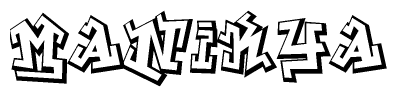 The image is a stylized representation of the letters Manikya designed to mimic the look of graffiti text. The letters are bold and have a three-dimensional appearance, with emphasis on angles and shadowing effects.