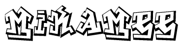 The clipart image depicts the word Mikamee in a style reminiscent of graffiti. The letters are drawn in a bold, block-like script with sharp angles and a three-dimensional appearance.