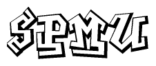 The image is a stylized representation of the letters Spmu designed to mimic the look of graffiti text. The letters are bold and have a three-dimensional appearance, with emphasis on angles and shadowing effects.