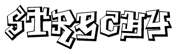 The clipart image depicts the word Strechy in a style reminiscent of graffiti. The letters are drawn in a bold, block-like script with sharp angles and a three-dimensional appearance.