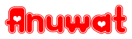 The image is a clipart featuring the word Anuwat written in a stylized font with a heart shape replacing inserted into the center of each letter. The color scheme of the text and hearts is red with a light outline.