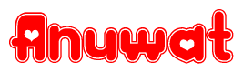   The image is a clipart featuring the word Anuwat written in a stylized font with a heart shape replacing inserted into the center of each letter. The color scheme of the text and hearts is red with a light outline. 