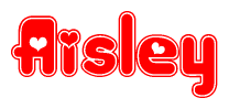 The image is a red and white graphic with the word Aisley written in a decorative script. Each letter in  is contained within its own outlined bubble-like shape. Inside each letter, there is a white heart symbol.