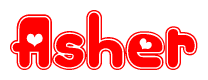 The image is a red and white graphic with the word Asher written in a decorative script. Each letter in  is contained within its own outlined bubble-like shape. Inside each letter, there is a white heart symbol.