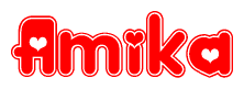 The image is a clipart featuring the word Amika written in a stylized font with a heart shape replacing inserted into the center of each letter. The color scheme of the text and hearts is red with a light outline.