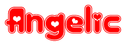 The image displays the word Angelic written in a stylized red font with hearts inside the letters.