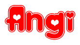 The image is a red and white graphic with the word Angi written in a decorative script. Each letter in  is contained within its own outlined bubble-like shape. Inside each letter, there is a white heart symbol.