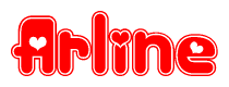 The image is a red and white graphic with the word Arline written in a decorative script. Each letter in  is contained within its own outlined bubble-like shape. Inside each letter, there is a white heart symbol.