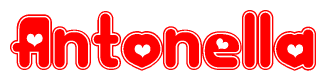 The image is a red and white graphic with the word Antonella written in a decorative script. Each letter in  is contained within its own outlined bubble-like shape. Inside each letter, there is a white heart symbol.