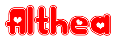 The image is a clipart featuring the word Althea written in a stylized font with a heart shape replacing inserted into the center of each letter. The color scheme of the text and hearts is red with a light outline.