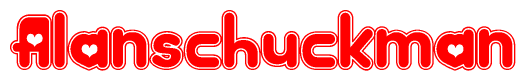 The image is a red and white graphic with the word Alanschuckman written in a decorative script. Each letter in  is contained within its own outlined bubble-like shape. Inside each letter, there is a white heart symbol.