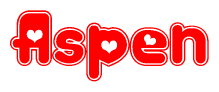 The image displays the word Aspen written in a stylized red font with hearts inside the letters.