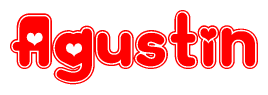 The image is a red and white graphic with the word Agustin written in a decorative script. Each letter in  is contained within its own outlined bubble-like shape. Inside each letter, there is a white heart symbol.