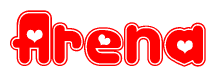 The image is a red and white graphic with the word Arena written in a decorative script. Each letter in  is contained within its own outlined bubble-like shape. Inside each letter, there is a white heart symbol.