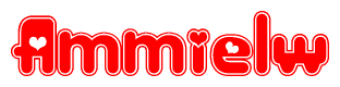 The image is a red and white graphic with the word Ammielw written in a decorative script. Each letter in  is contained within its own outlined bubble-like shape. Inside each letter, there is a white heart symbol.