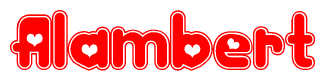 The image is a red and white graphic with the word Alambert written in a decorative script. Each letter in  is contained within its own outlined bubble-like shape. Inside each letter, there is a white heart symbol.