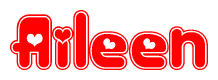 The image is a red and white graphic with the word Aileen written in a decorative script. Each letter in  is contained within its own outlined bubble-like shape. Inside each letter, there is a white heart symbol.