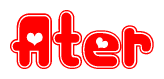 The image is a red and white graphic with the word Ater written in a decorative script. Each letter in  is contained within its own outlined bubble-like shape. Inside each letter, there is a white heart symbol.