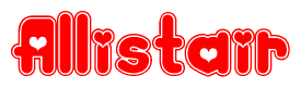 The image is a red and white graphic with the word Allistair written in a decorative script. Each letter in  is contained within its own outlined bubble-like shape. Inside each letter, there is a white heart symbol.