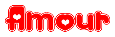 The image is a clipart featuring the word Amour written in a stylized font with a heart shape replacing inserted into the center of each letter. The color scheme of the text and hearts is red with a light outline.