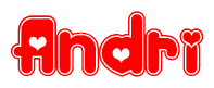 The image is a red and white graphic with the word Andri written in a decorative script. Each letter in  is contained within its own outlined bubble-like shape. Inside each letter, there is a white heart symbol.