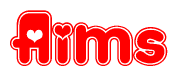 The image displays the word Aims written in a stylized red font with hearts inside the letters.