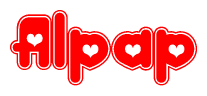 The image is a red and white graphic with the word Alpap written in a decorative script. Each letter in  is contained within its own outlined bubble-like shape. Inside each letter, there is a white heart symbol.