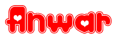 The image is a red and white graphic with the word Anwar written in a decorative script. Each letter in  is contained within its own outlined bubble-like shape. Inside each letter, there is a white heart symbol.