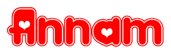 The image displays the word Annam written in a stylized red font with hearts inside the letters.