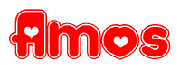 The image is a red and white graphic with the word Amos written in a decorative script. Each letter in  is contained within its own outlined bubble-like shape. Inside each letter, there is a white heart symbol.