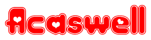 The image is a clipart featuring the word Acaswell written in a stylized font with a heart shape replacing inserted into the center of each letter. The color scheme of the text and hearts is red with a light outline.